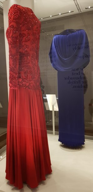 The rear of Diana's red Bruce Oldfield and blue Yuki evening gowns (with reflection)